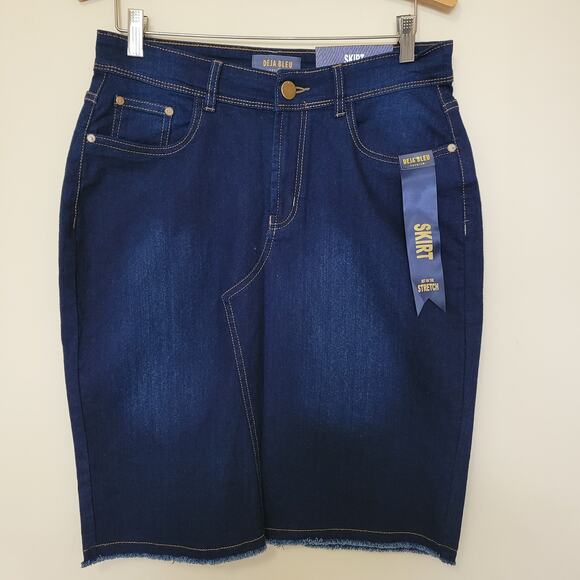 NWT Deja Bleu Premium Denim Skirt Sz 12 Knee Straight Pencil Frayed Hem Vent - Picture 1 of 13